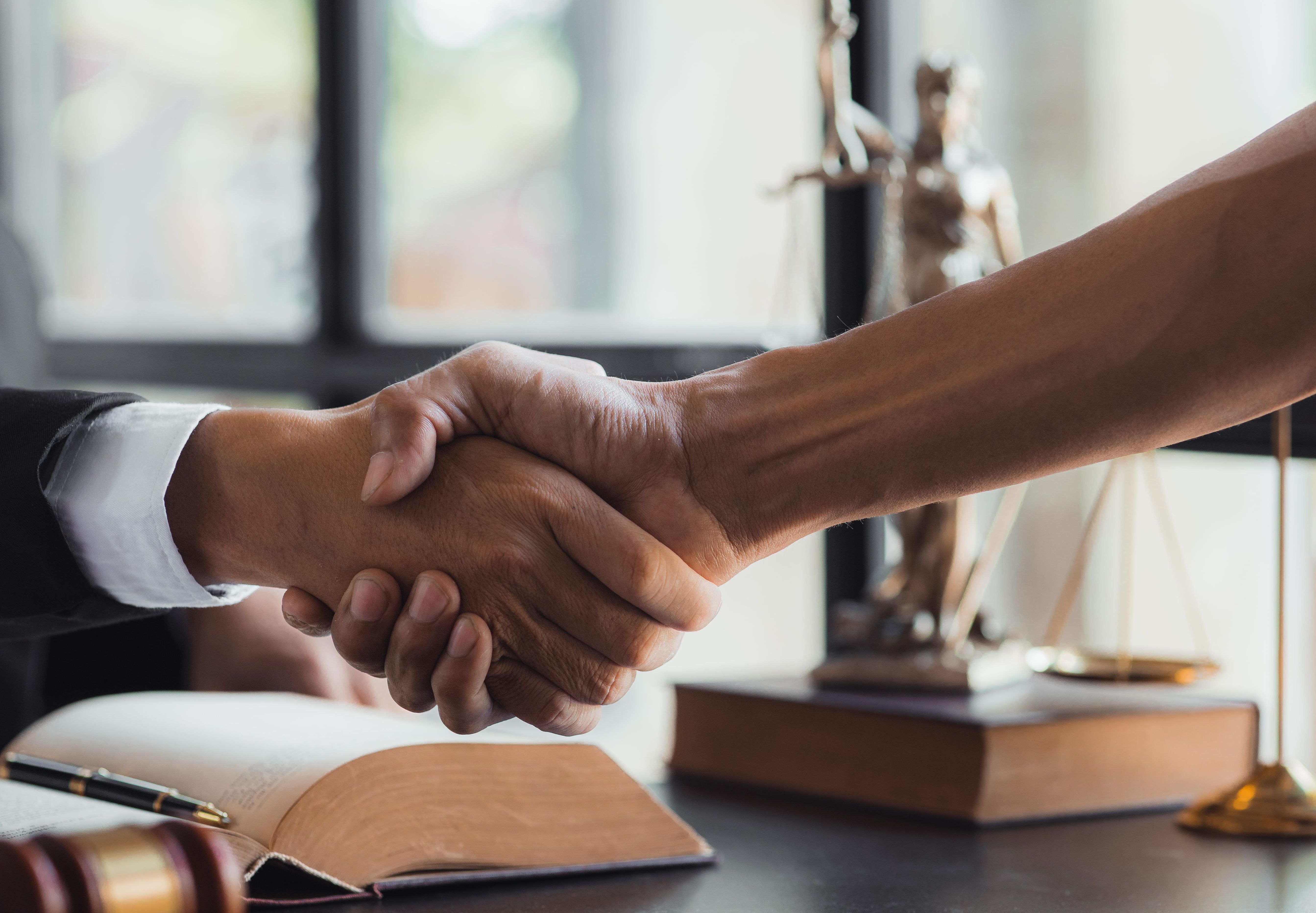 Lawyer and client shake hands.