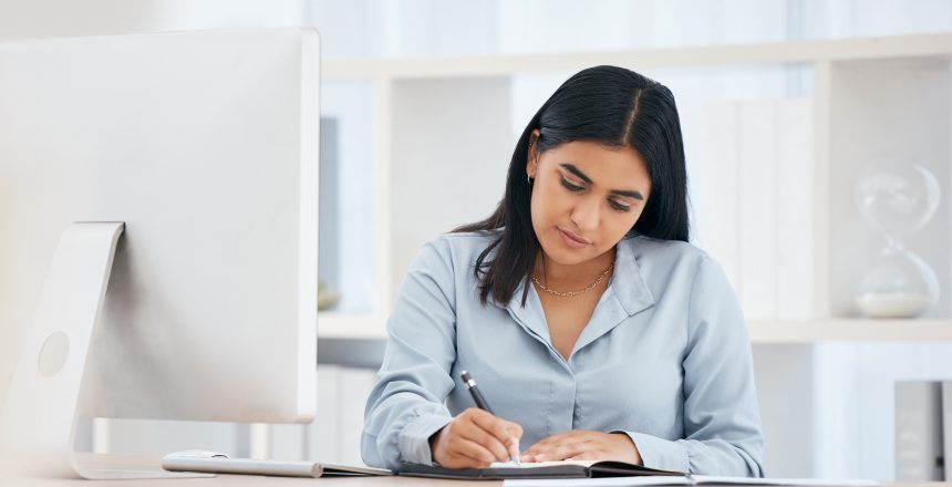 Business woman writing notes, schedule and planning ideas, meeting administration and research in n